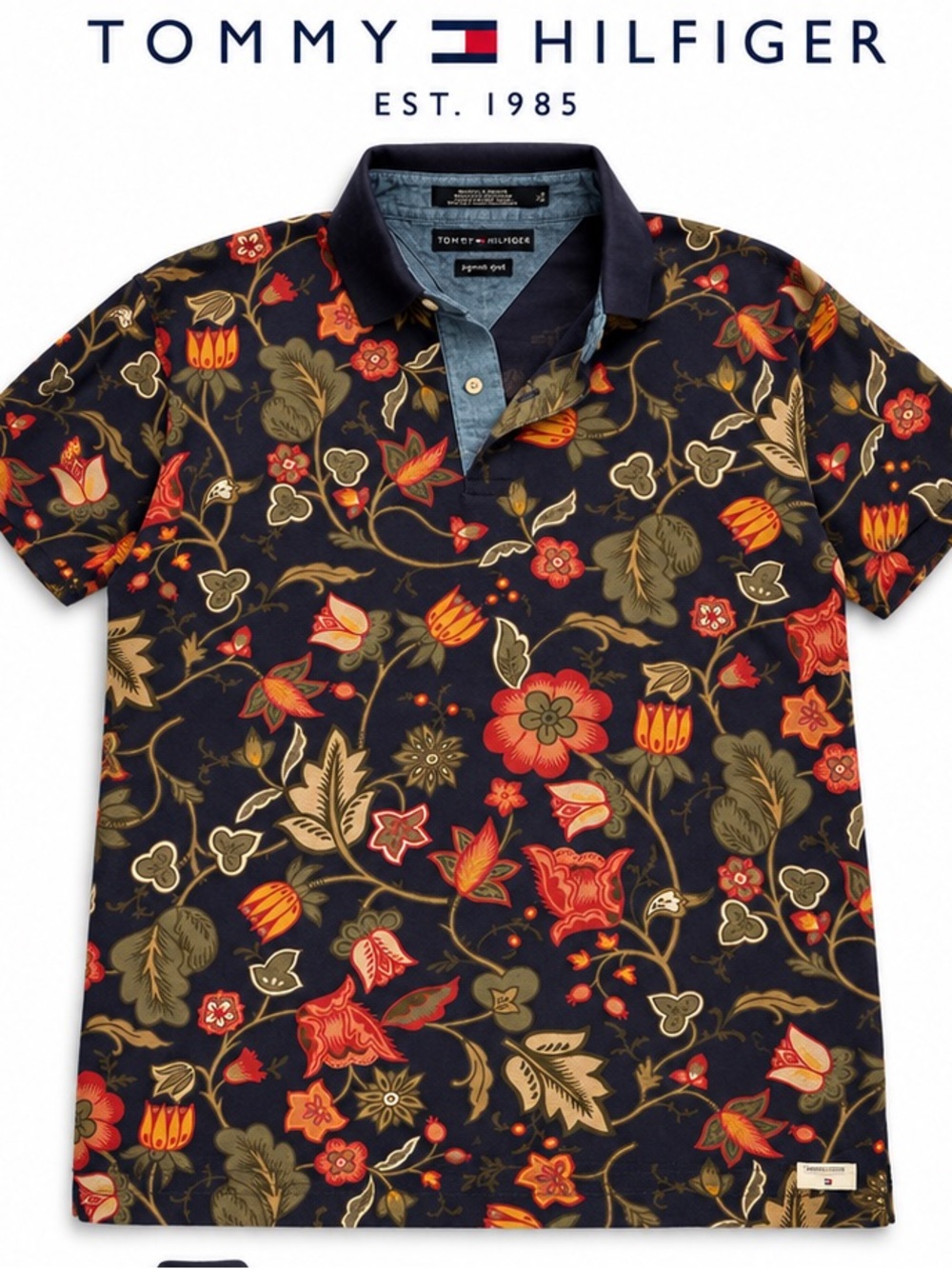 Vintage Tommy Hilfiger Navy Polo with Red and Olive Floral Print Size Large